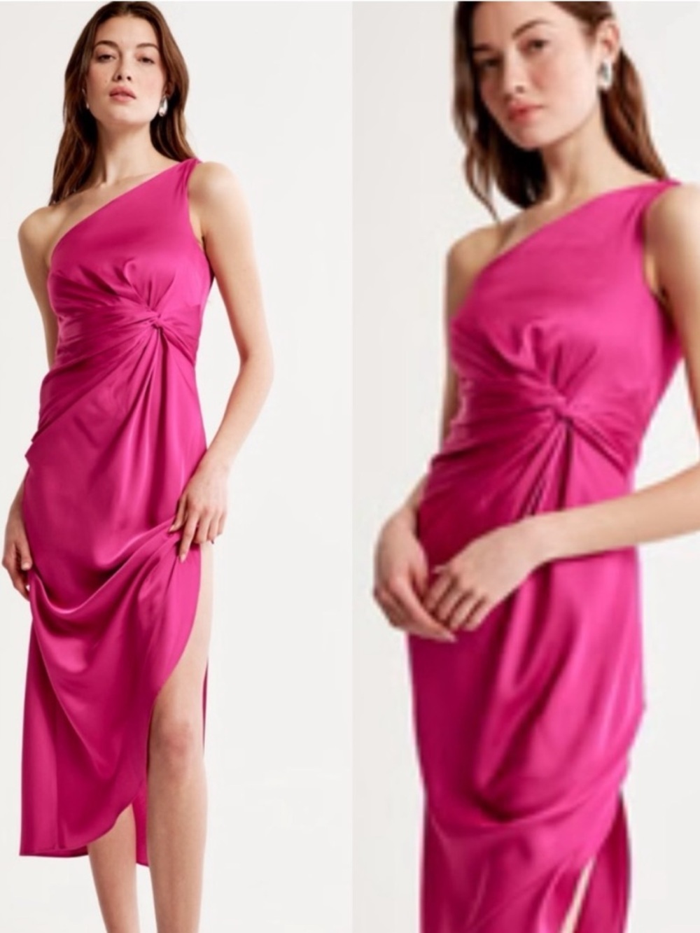 Abercrombie & Fitch Fuchsia Satin One Shoulder Ruched Midi Dress XL Wedding